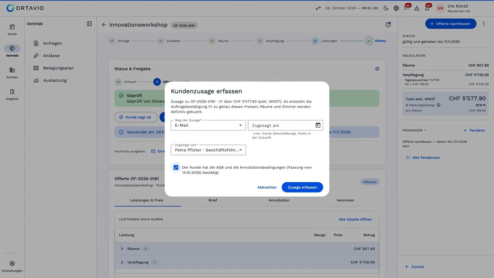 Dialog «Kundenzusage erfassen»: Aus der Zusage entsteht die Auftragsbestätigung, Räume und Zimmer werden definitiv gebucht