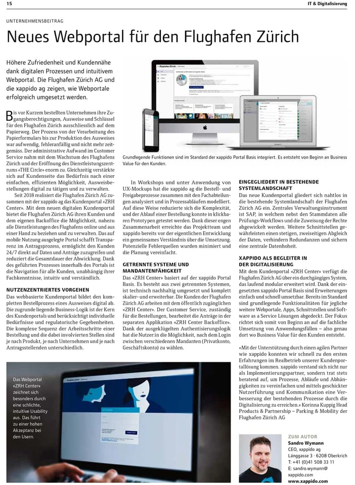 Seite 15 der Finanz und Wirtschaft, Themenspecial «IT & Digitalisierung»: der Unternehmensbeitrag «Neues Webportal für den Flughafen Zürich» mit Bildschirmansichten des ZRH Center