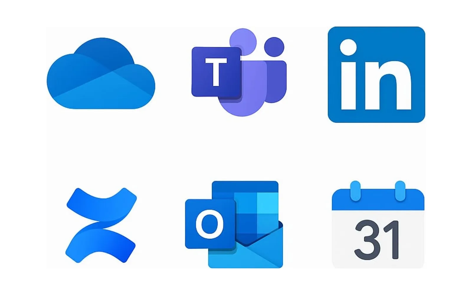 Symbole der eingesetzten Werkzeuge: OneDrive, Teams, LinkedIn, Confluence, Outlook und Kalender