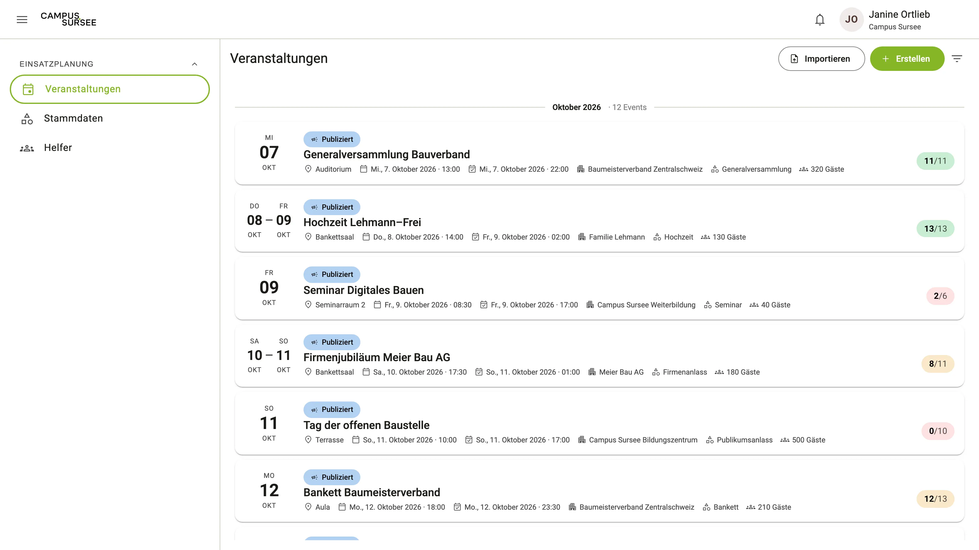 Bildschirmansicht des Backoffice: Liste der Veranstaltungen mit Datum, Ort, Zeit und Besetzung