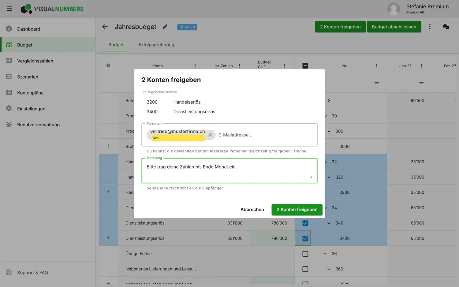VisualNumbers: zwei Konten freigeben, im Dialog stehen Empfängeradresse und Mitteilung