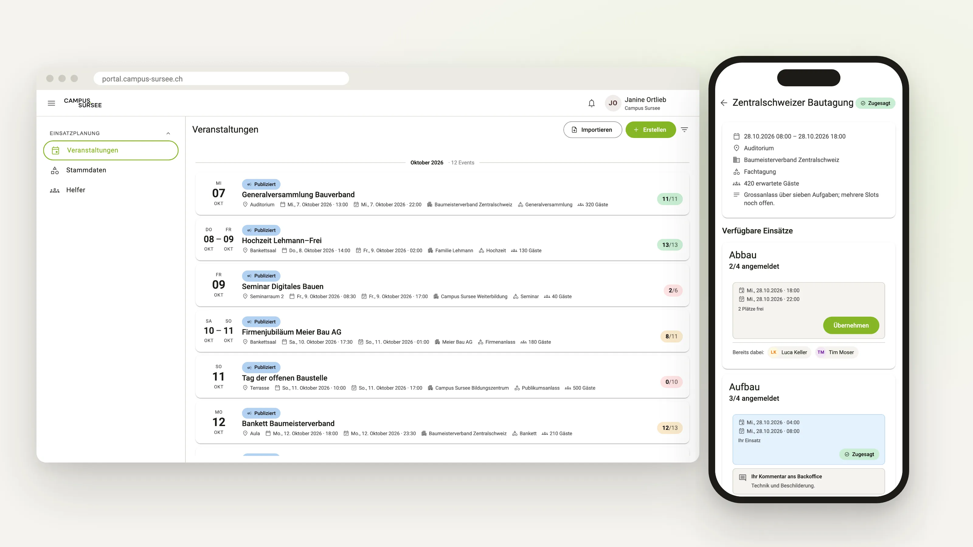 Das Backoffice auf dem Laptop und die Einsatzansicht auf dem Smartphone nebeneinander
