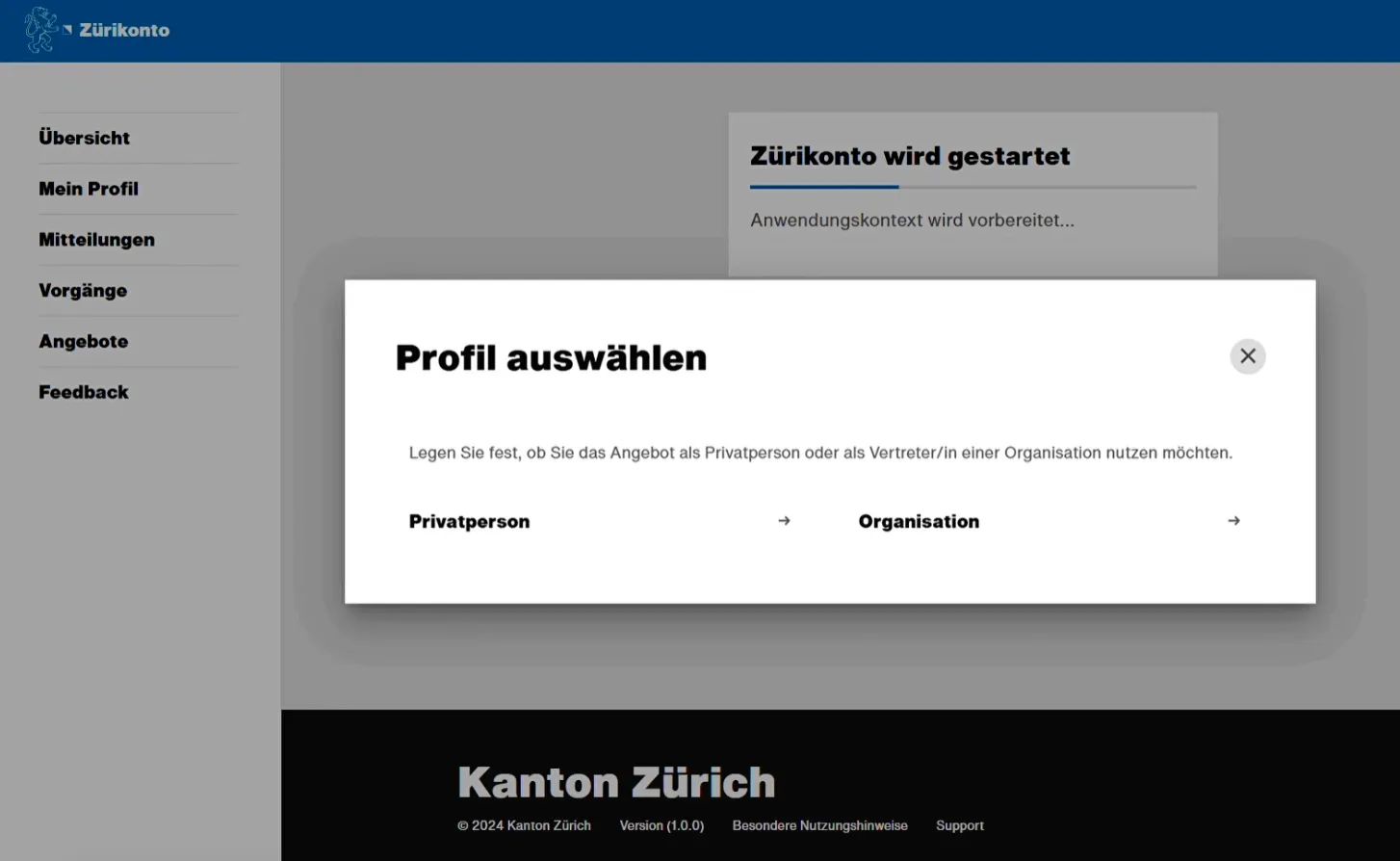 Bildschirmansicht des Zürikontos: Anmeldung mit AGOV