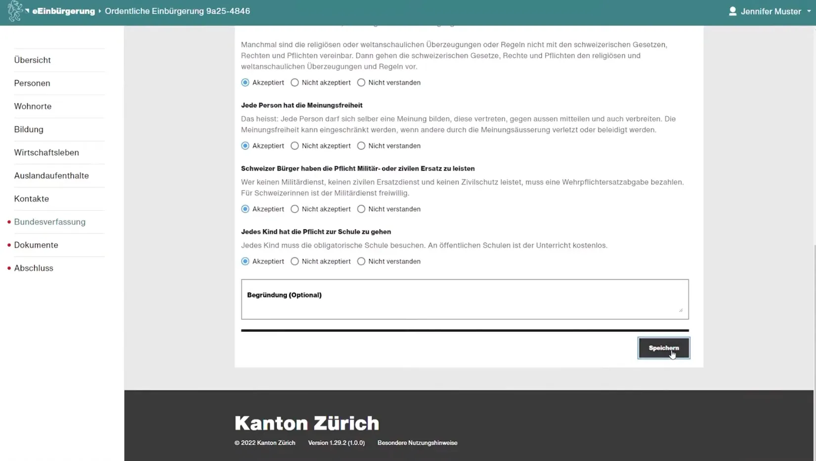 Bildschirmansicht der eEinbürgerung: Fragen zur Bundesverfassung mit den Antwortmöglichkeiten akzeptiert, nicht akzeptiert und nicht verstanden