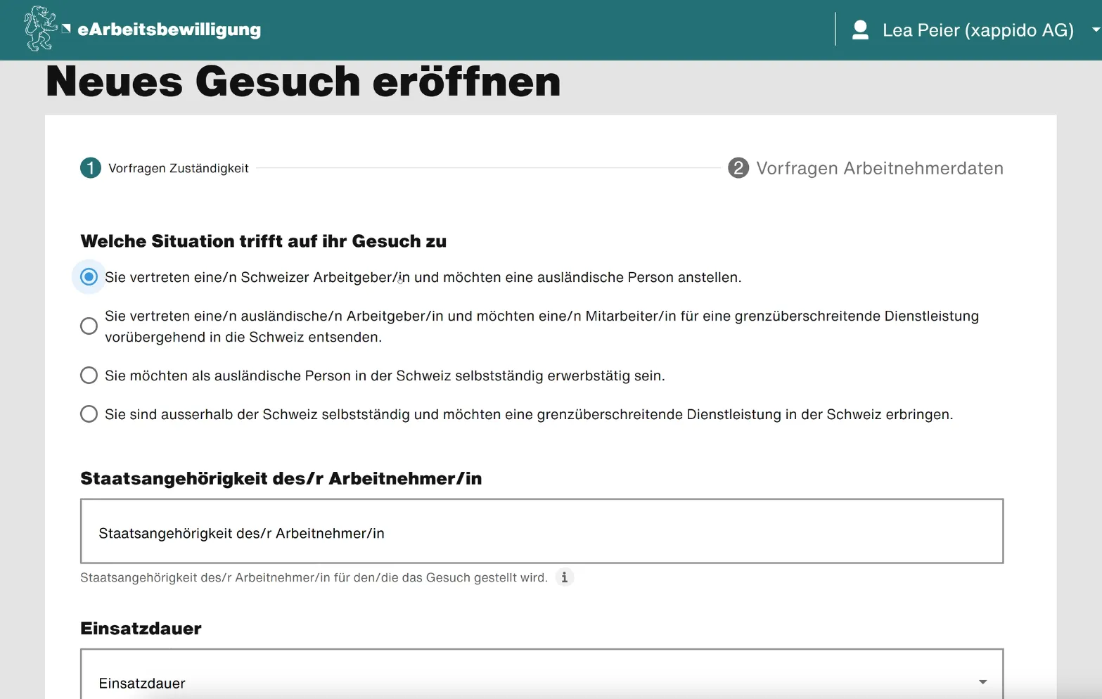 Kundenportal Arbeitsbewilligungen: ein neues Gesuch erfassen