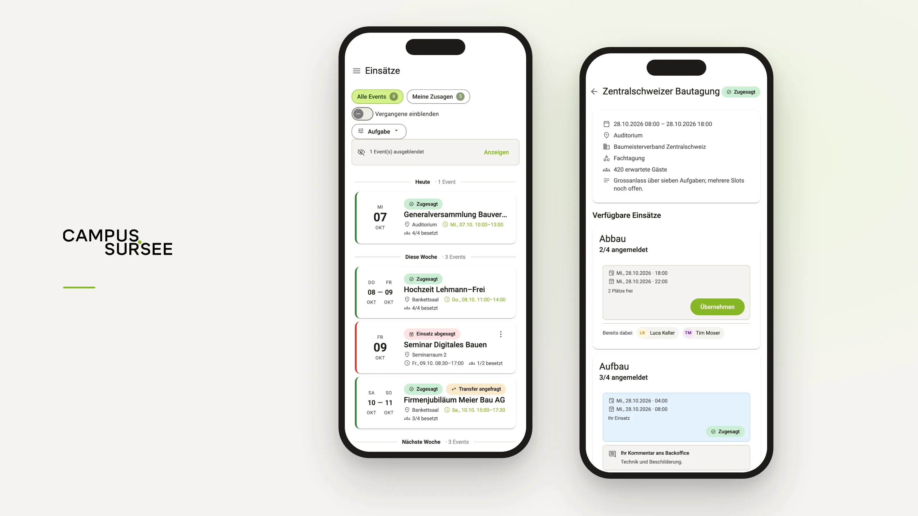 Zwei Smartphones mit dem Helfendenportal: Liste der Einsätze und Detailansicht mit Knopf zum Übernehmen