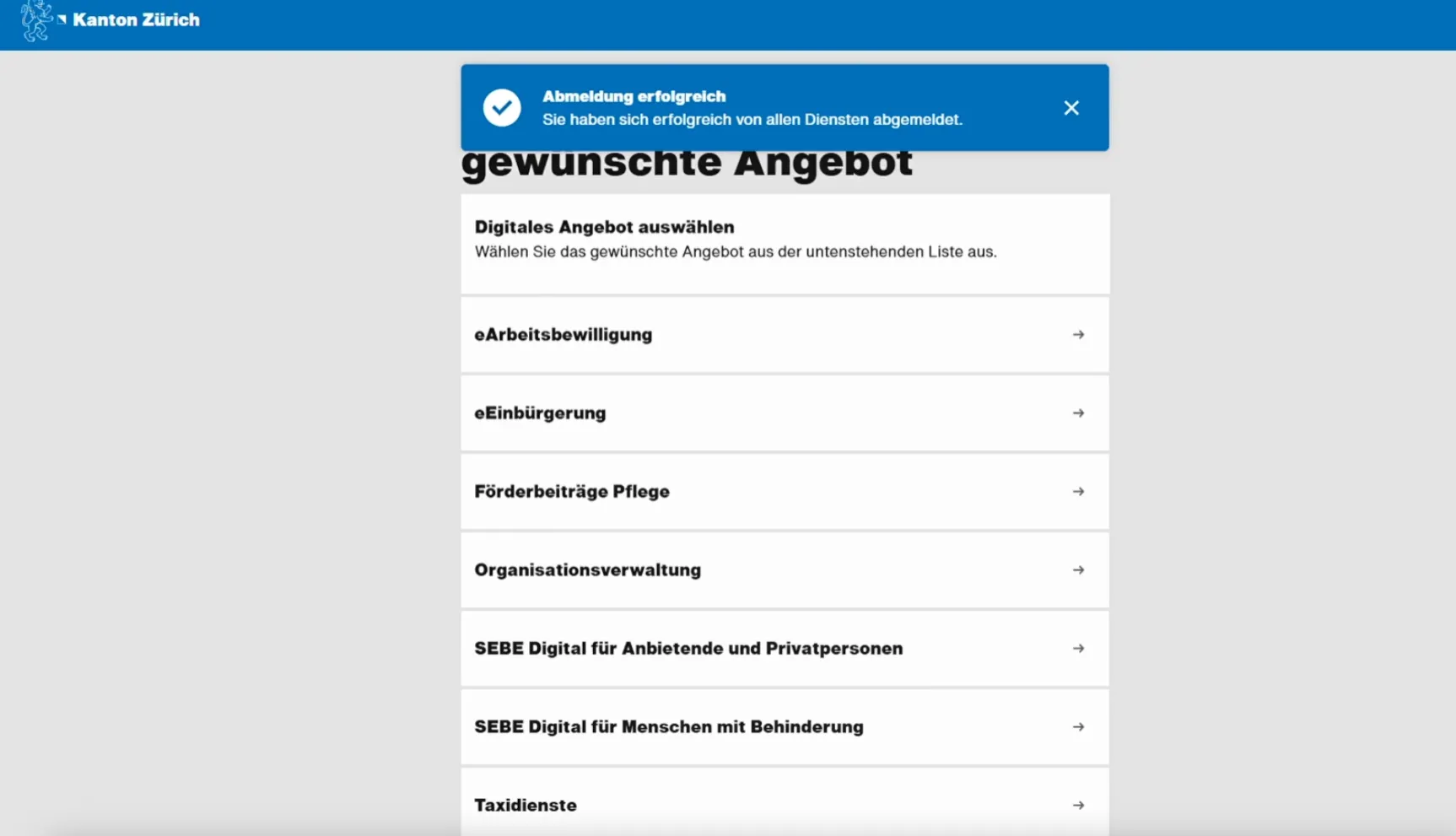 Bildschirmansicht des Zürikontos: Auswahl der digitalen Behördengänge