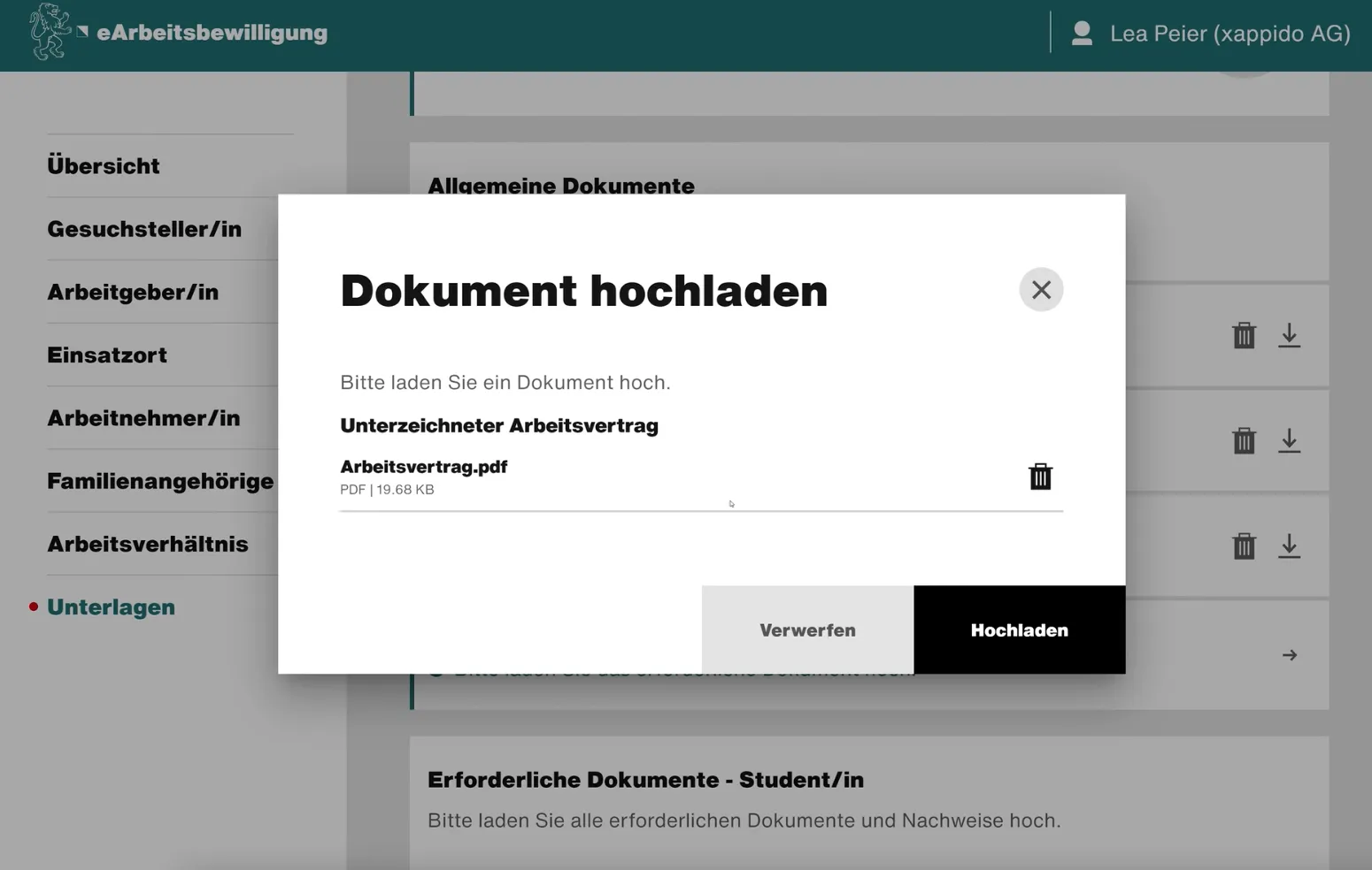Kundenportal Arbeitsbewilligungen: Dokumente digital hochladen