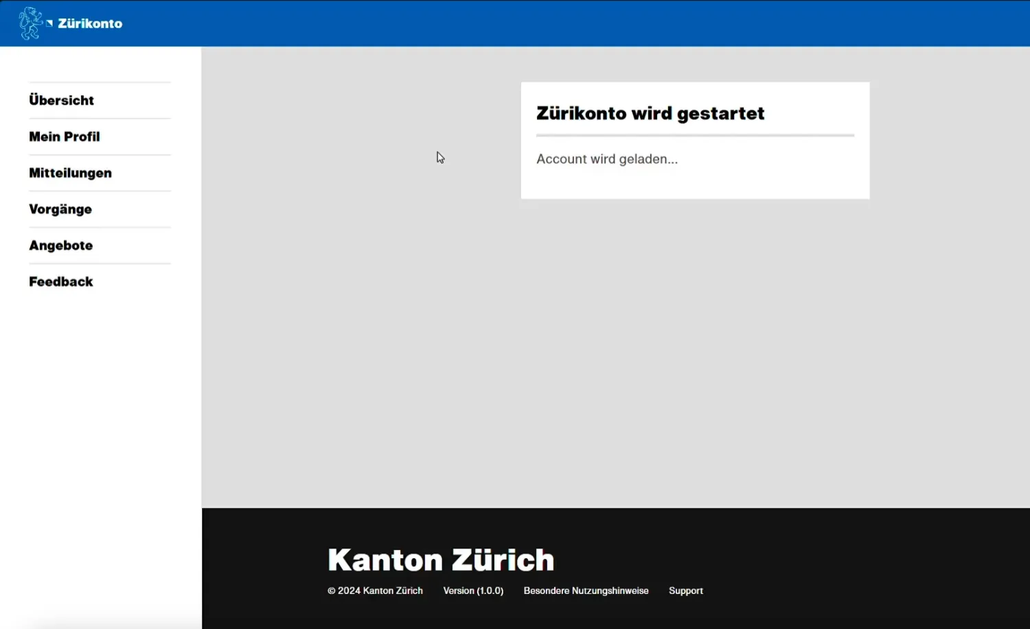 Bildschirmansicht des Zürikonto beim Start mit der Navigation zu Profil, Vorgängen und Angeboten