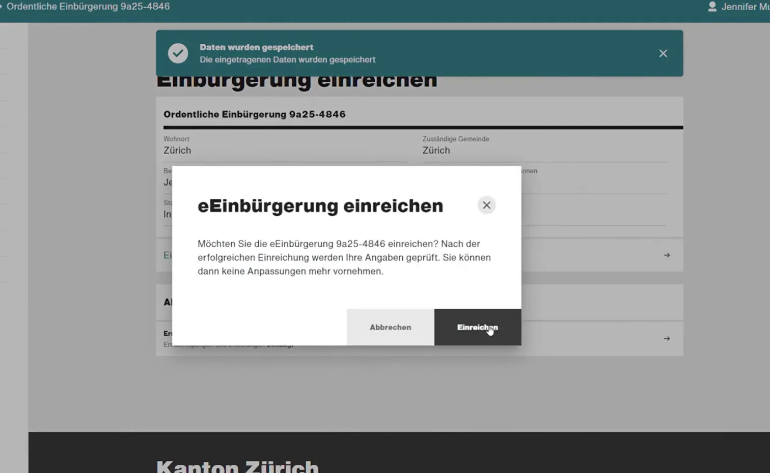 Bildschirmansicht der eEinbürgerung: Bestätigungsdialog vor dem Einreichen des Gesuchs