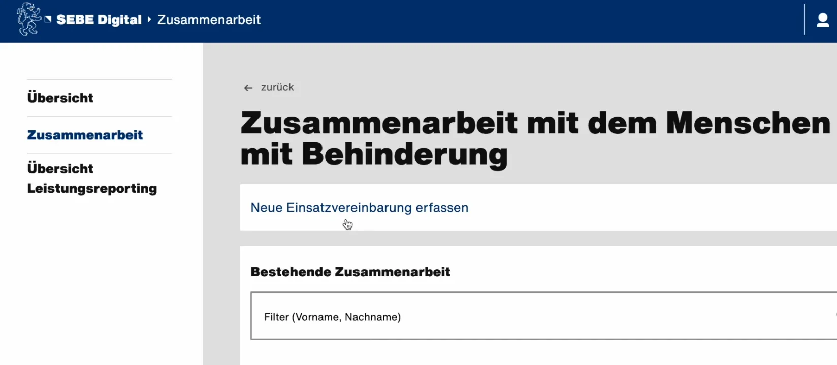 SEBE Digital für Leistungserbringende: Erfassung einer Einsatzvereinbarung