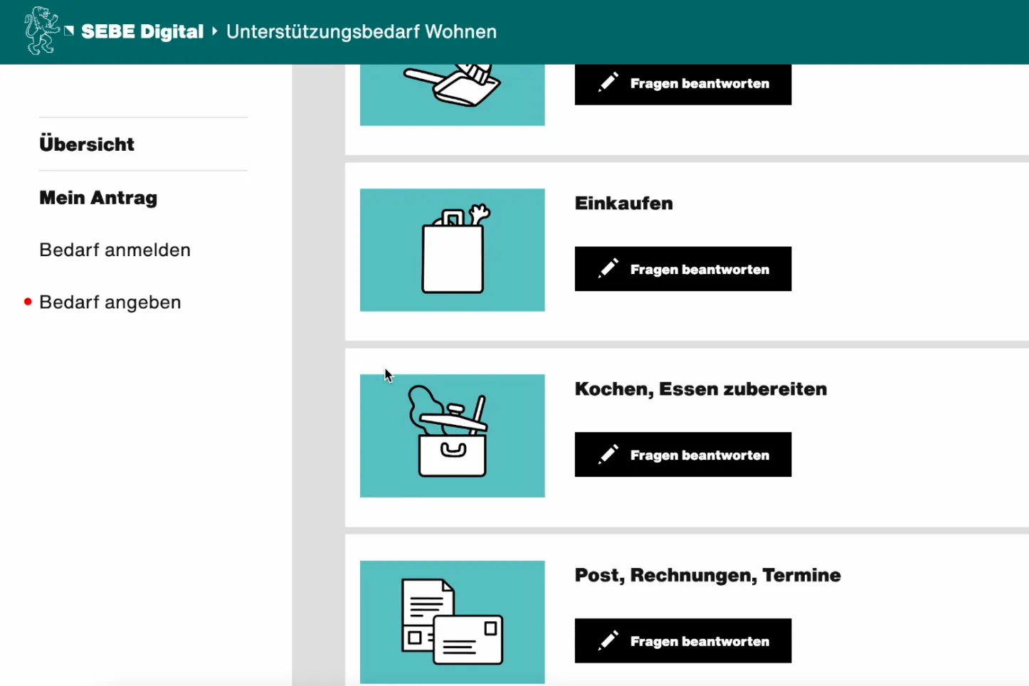 SEBE Digital: Bedarfserfassung «Unterstützungsbedarf Wohnen» mit gezeichneten Symbolen