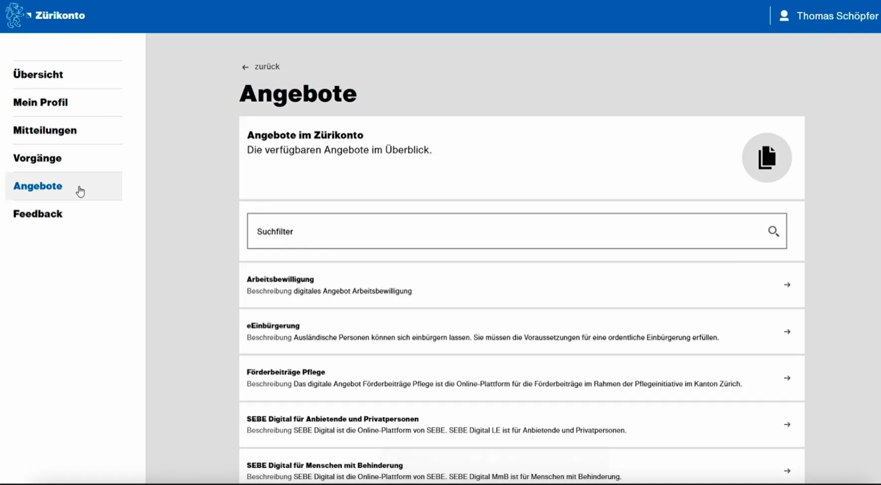 Bildschirmansicht des Zürikontos: Detailansicht eines Online-Dienstes