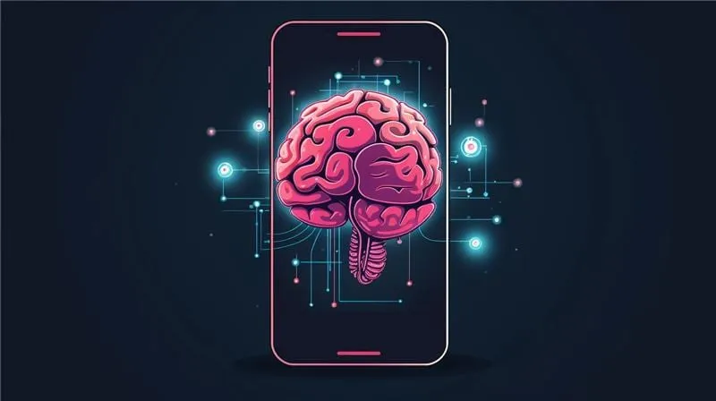 Illustration: ein Gehirn im Bildschirm eines Smartphones, umgeben von Datenpunkten und Leiterbahnen