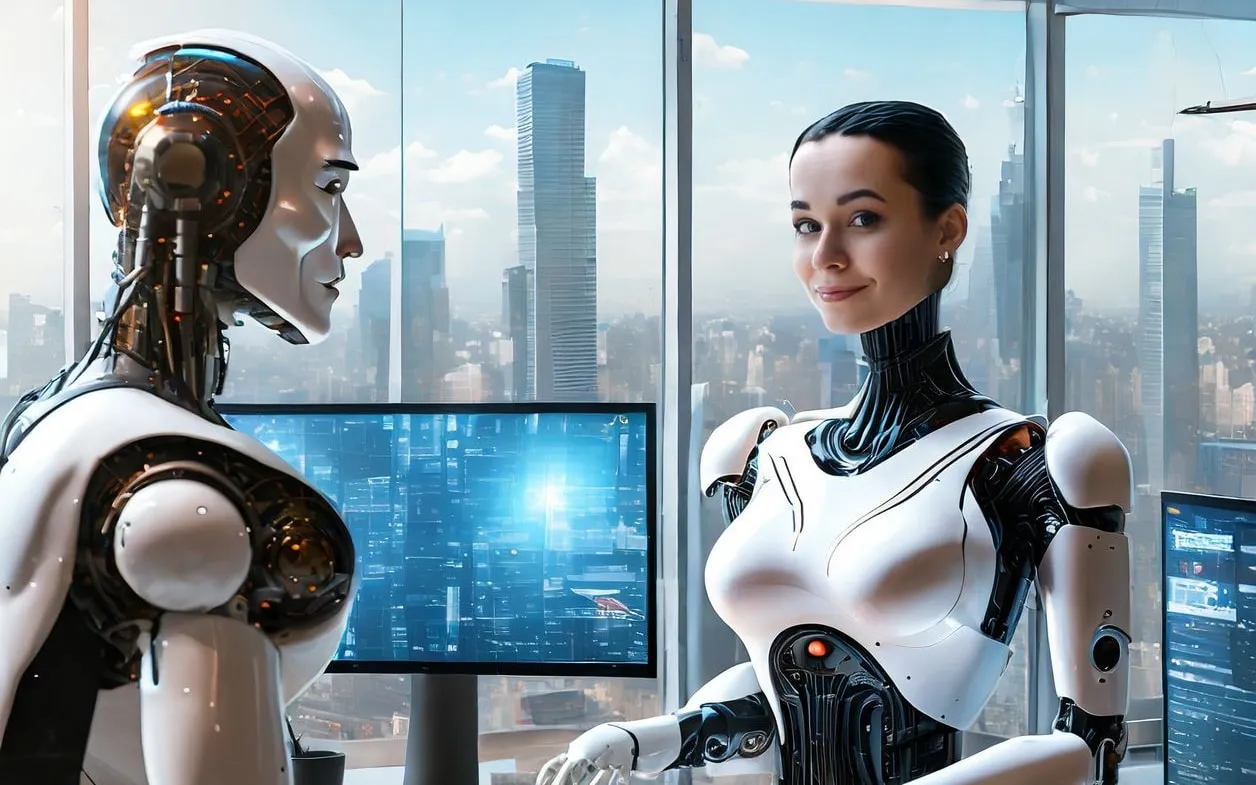 KI-generiertes Bild: zwei Roboter arbeiten an Bildschirmen