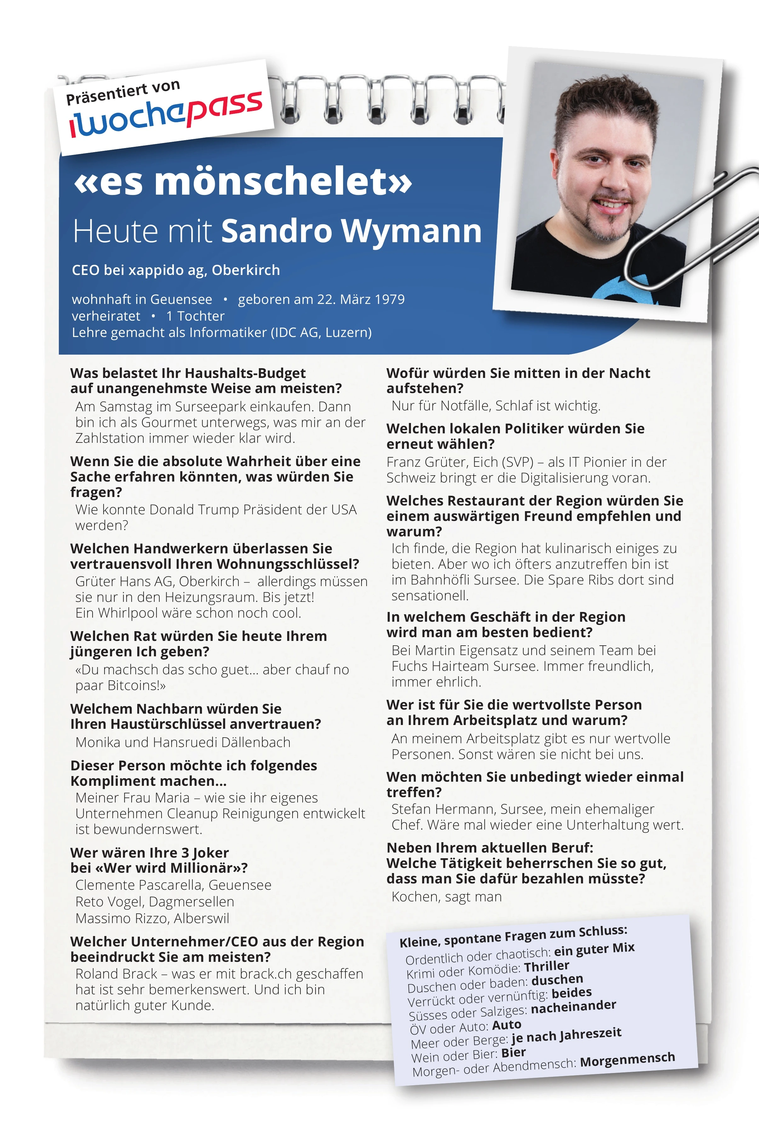 Die Zeitungsseite der Rubrik «es mönschelet» im Woche-Pass mit dem Porträt von Sandro und seinen Antworten auf 15 Fragen