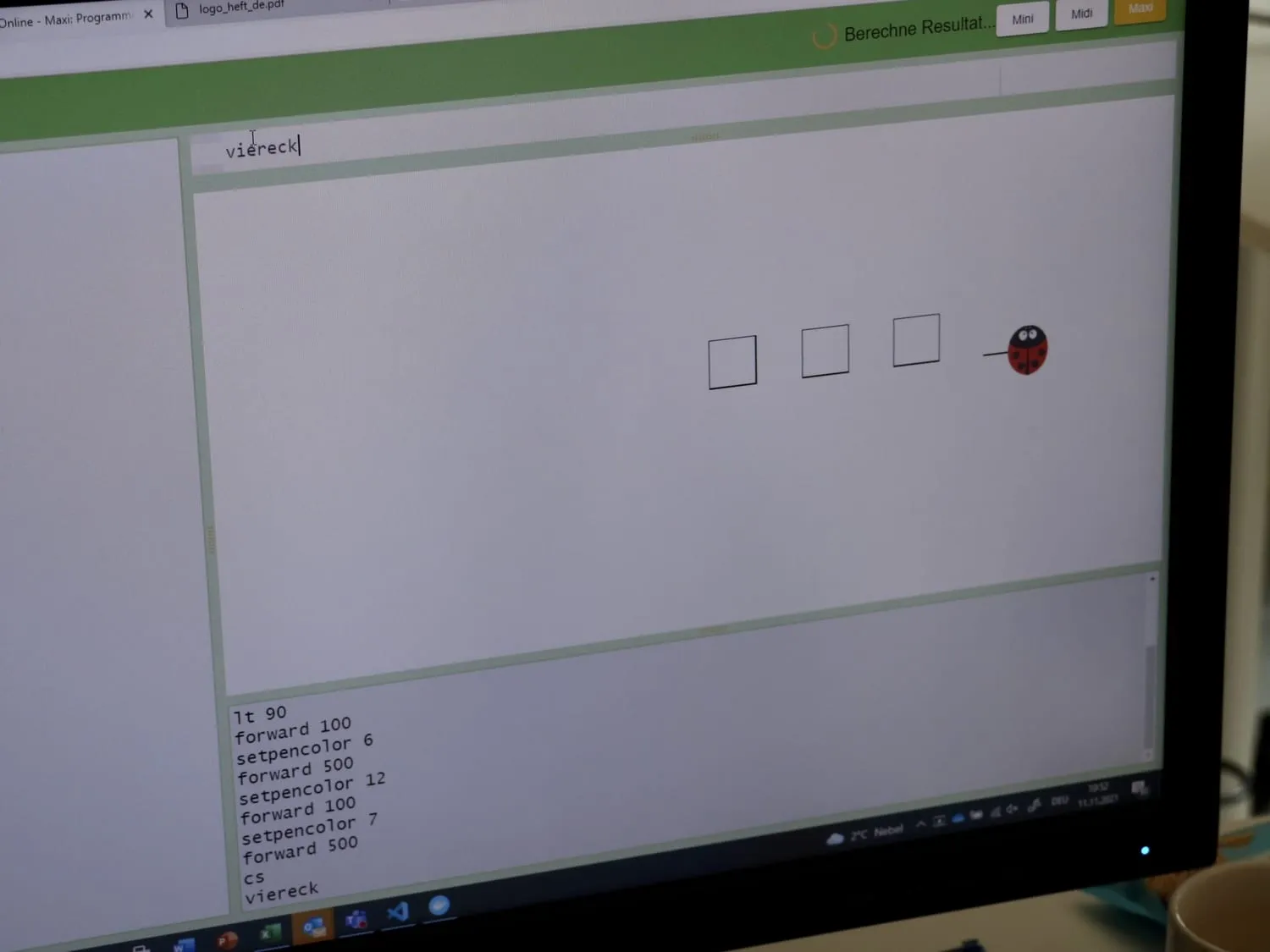 Bildschirm mit der Programmierumgebung Logo und dem selbst gezeichneten Ergebnis