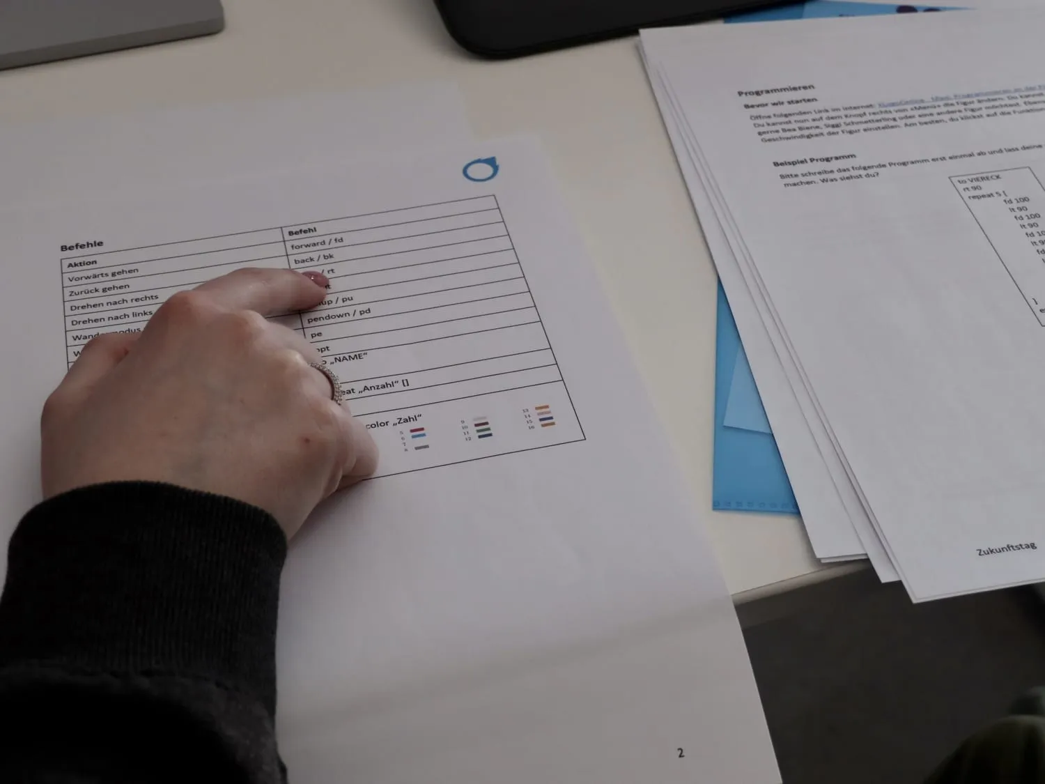 Eine Hand füllt das Arbeitsblatt zum Programmieren aus